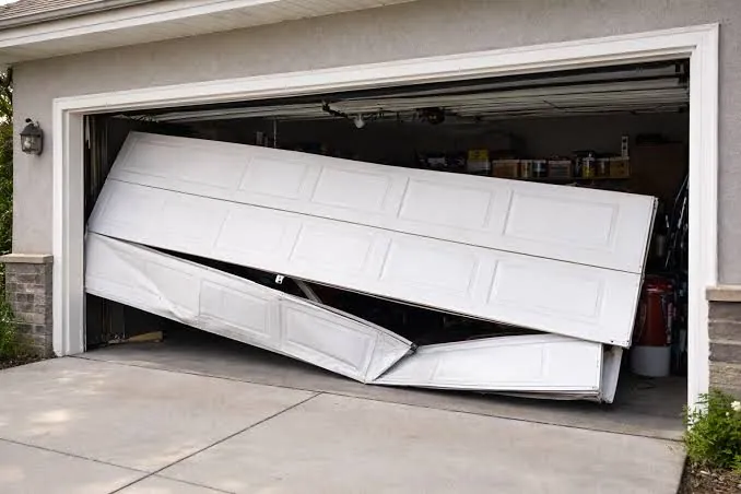 Damaged white garage door knocked off its tracks at a Beach Grove, Tsawwassen home