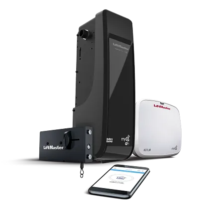 LiftMaster 98022 wall-mount jackshaft opener beside the garage door