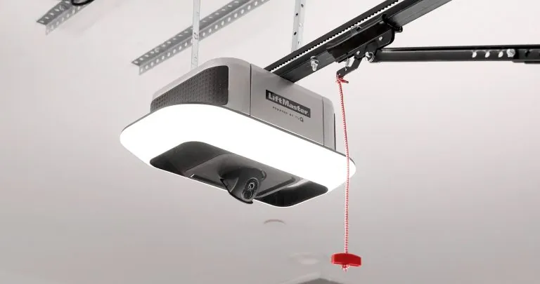LiftMaster garage door opener with myQ mounted on a garage ceiling