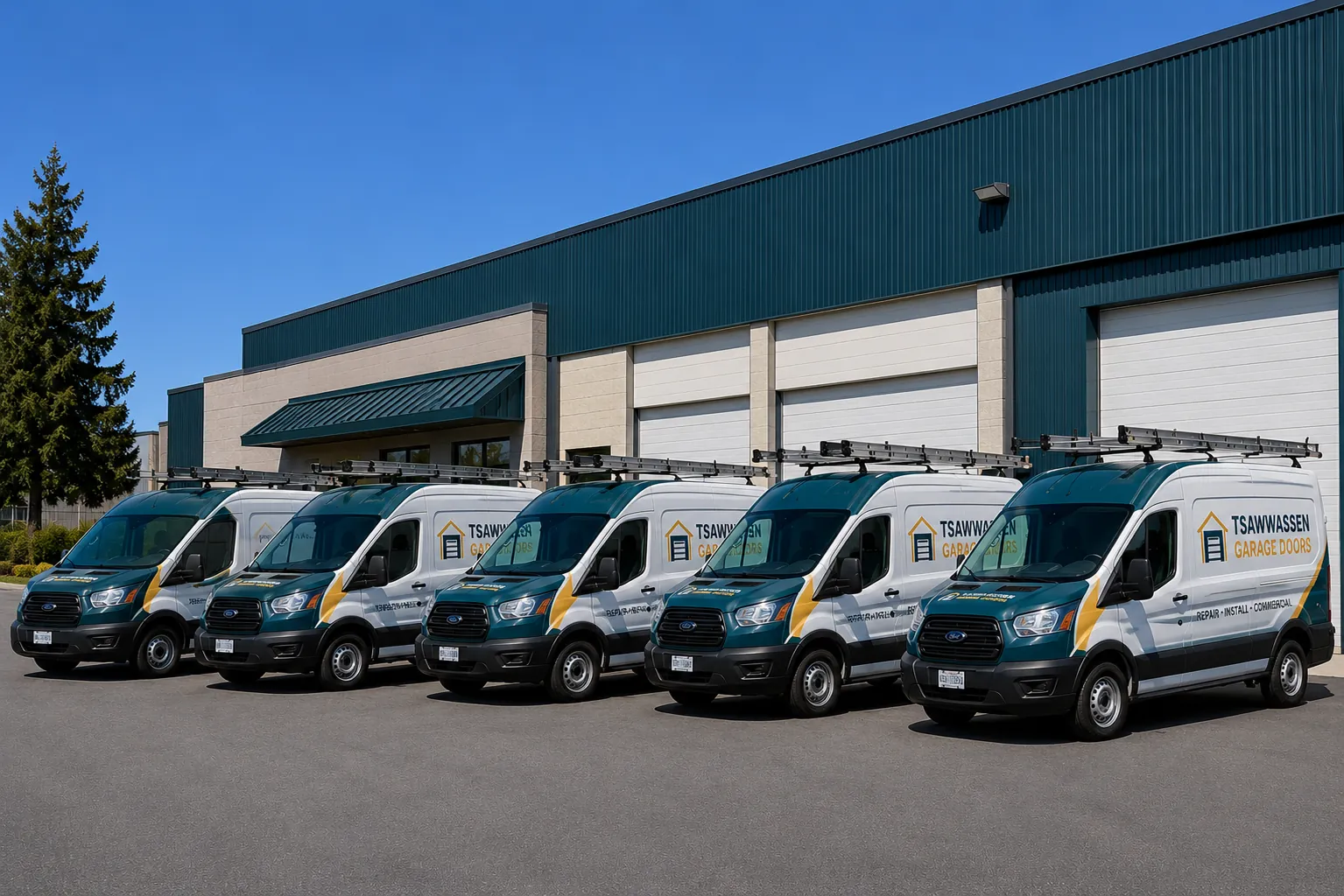 Fleet of branded Tsawwassen Garage Doors service vans outside the shop